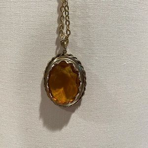 Amber faceted glass pendant w chain